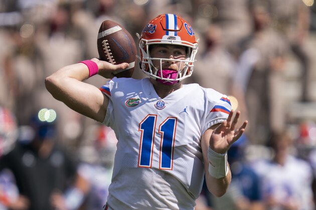 Florida quarterback Kyle Trask (11) looks to pass against Texas A&M during the first half of an NCAA college football game, Saturday, Oct. 10, 2020. in College Station, Texas. (AP Photo/Sam Craft)