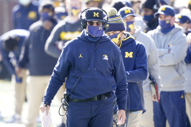 Michigan head coach Jim Harbaugh is seen during the first half of an NCAA college football game, Saturday, Oct. 31, 2020, in Ann Arbor, Mich. (AP Photo/Carlos Osorio)