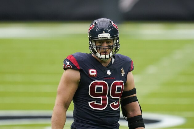 Houston Texans defensive end J.J. Watt (99) paces between plays during an NFL football game against the Green Bay Packers, Sunday, Oct. 11, 2020, in Houston. (AP Photo/Matt Patterson)