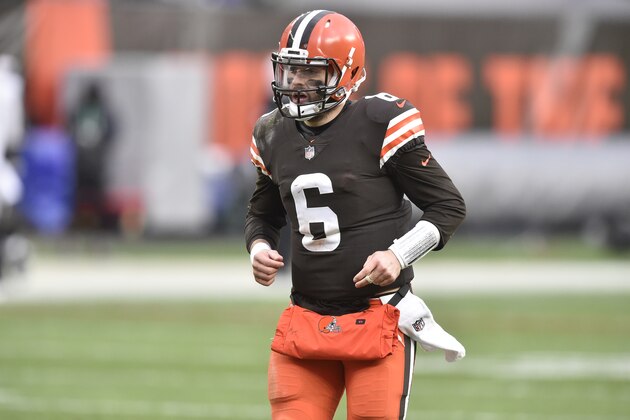 Cleveland Browns quarterback Baker Mayfield (6) reacts during an NFL football game against the Las Vegas Raiders, Sunday, Nov. 1, 2020, in Cleveland. The Raiders won 16-6. (AP Photo/David Richard)