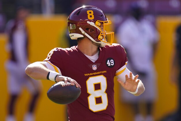 Washington Football Team quarterback Kyle Allen (8) passing the ball in the first half of an NFL football game against the New York Giants, Sunday, Nov. 8, 2020, in Landover, Md. (AP Photo/Patrick Semansky)