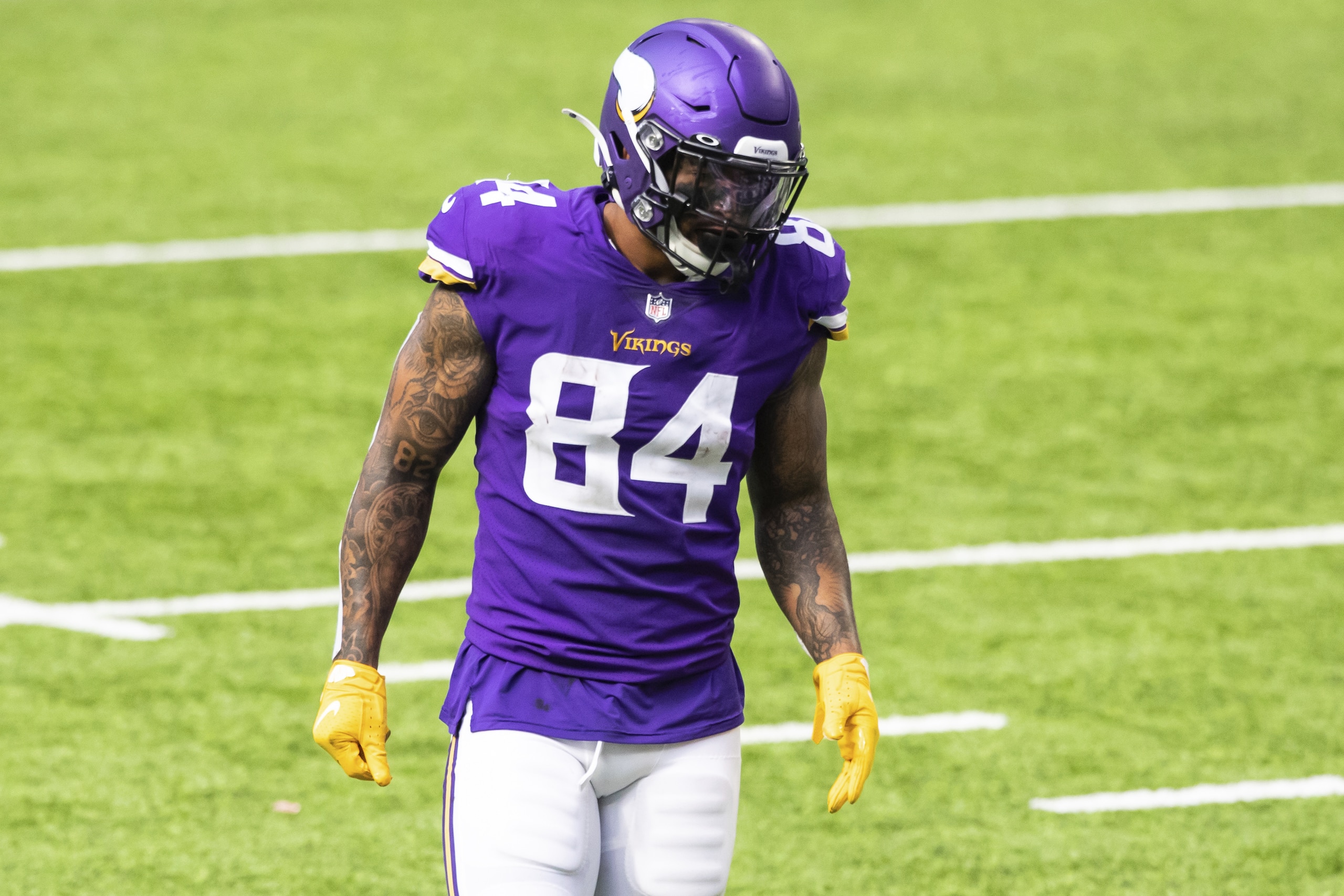 Minnesota Vikings tight end Irv Smith Jr. (84) looks on in the fourth quarter during an NFL football game against the Tennessee Titans, Sunday, Sept. 27, 2020, in Minneapolis. The Titans defeated the Vikings 31-30. (AP Photo/David Berding)