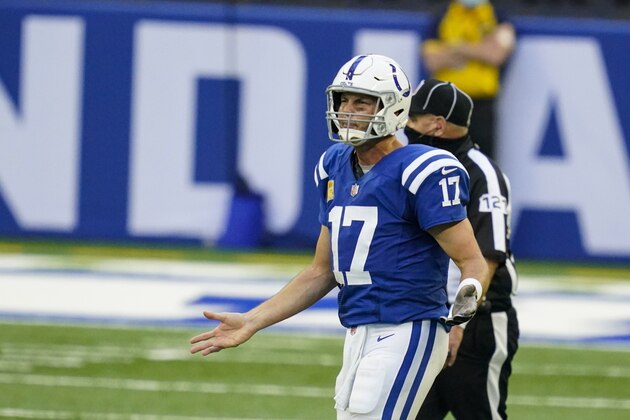 Indianapolis Colts quarterback Philip Rivers (17) questions a non-call in the second half of an NFL football game against the Baltimore Ravens in Indianapolis, Sunday, Nov. 8, 2020. (AP Photo/Darron Cummings)