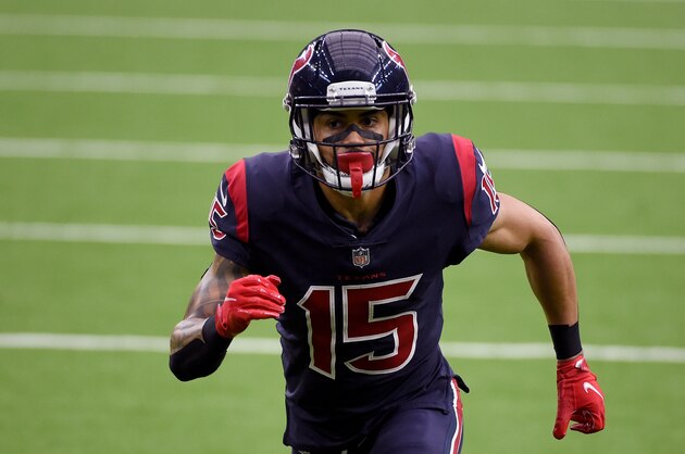 Houston Texans wide receiver Will Fuller V takes up his position during the second half of an NFL football game against the Houston Texans Sunday, Oct. 25, 2020, in Houston. (AP Photo/Eric Christian Smith)