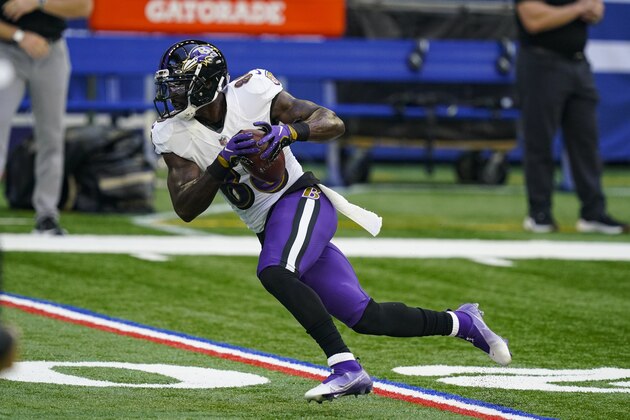 Baltimore Ravens wide receiver Dez Bryant (88) runs after a catch before an NFL football game against the Indianapolis Colts in Indianapolis, Sunday, Nov. 8, 2020. (AP Photo/Darron Cummings)