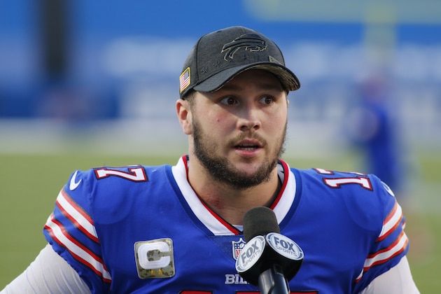 Buffalo Bills' Josh Allen (17) speaks during an interview after an NFL football game against the Seattle Seahawks Sunday, Nov. 8, 2020, in Orchard Park, N.Y. The Bills won 44-34. (AP Photo/Jeffrey T. Barnes)