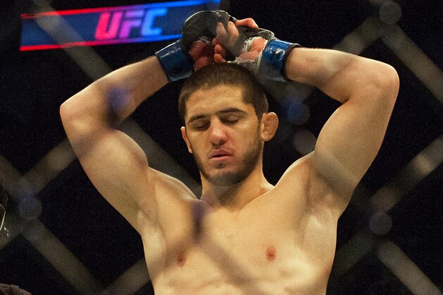 Islam Makhachev, reacting after losing to Andriano Martins in a mixed material arts bout at MMA UFC 192, Saturday, Oct. 3, 2015 in Houston. (AP Photo/Juan DeLeon)
