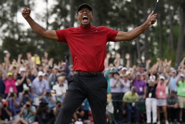 Tiger Woods reacts as he wins the Masters golf tournament Sunday, April 14, 2019, in Augusta, Ga. (AP Photo/David J. Phillip)
