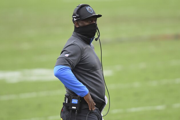 Los Angeles Chargers head coach Anthony Lynn during the second half of an NFL football game against the Tampa Bay Buccaneers Sunday, Oct. 4, 2020, in Tampa, Fla. (AP Photo/Jason Behnken)