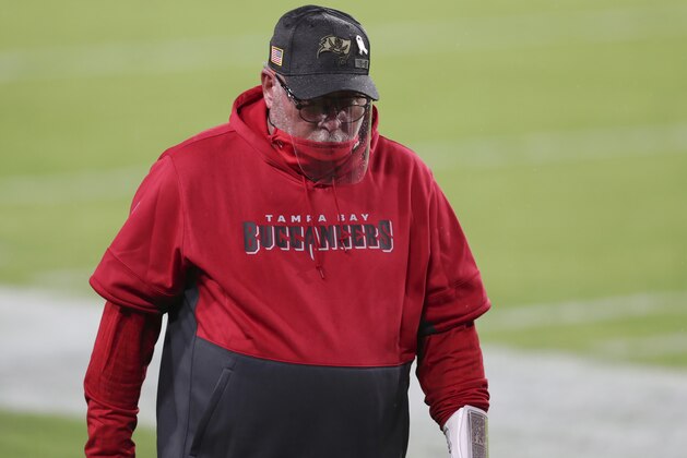 Tampa Bay Buccaneers head coach Bruce Arians leaves the field during the first half of an NFL football game against the New Orleans Saints Sunday, Nov. 8, 2020, in Tampa, Fla. (AP Photo/Mark LoMoglio)