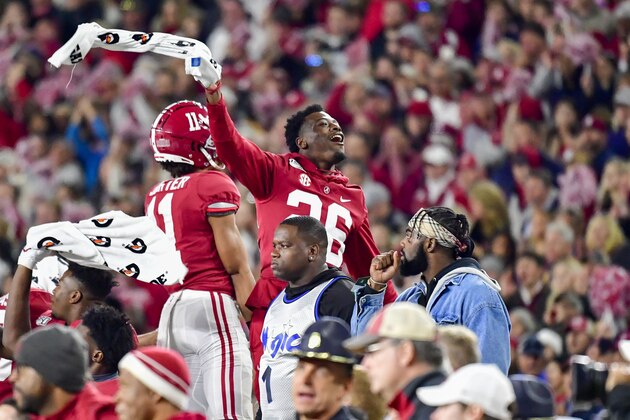 Alabama running back Trey Sanders (26) cheers the crowd against LSU during the second half of an NCAA football game Saturday, Nov. 9, 2019, in Tuscaloosa, Ala. LSU won 46-41. (AP Photo/Vasha Hunt)