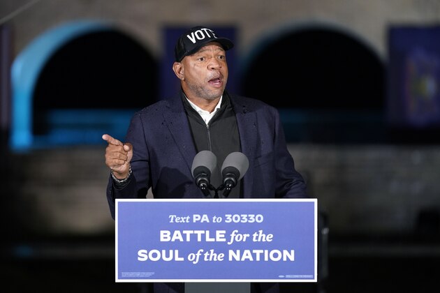 Philadelphia 76ers head coach Doc Rivers talks before Democratic presidential candidate former Vice President Joe Biden speaks at a rally at Franklin Delano Roosevelt Park, Sunday, Nov. 1, 2020, in Philadelphia. (AP Photo/Andrew Harnik)