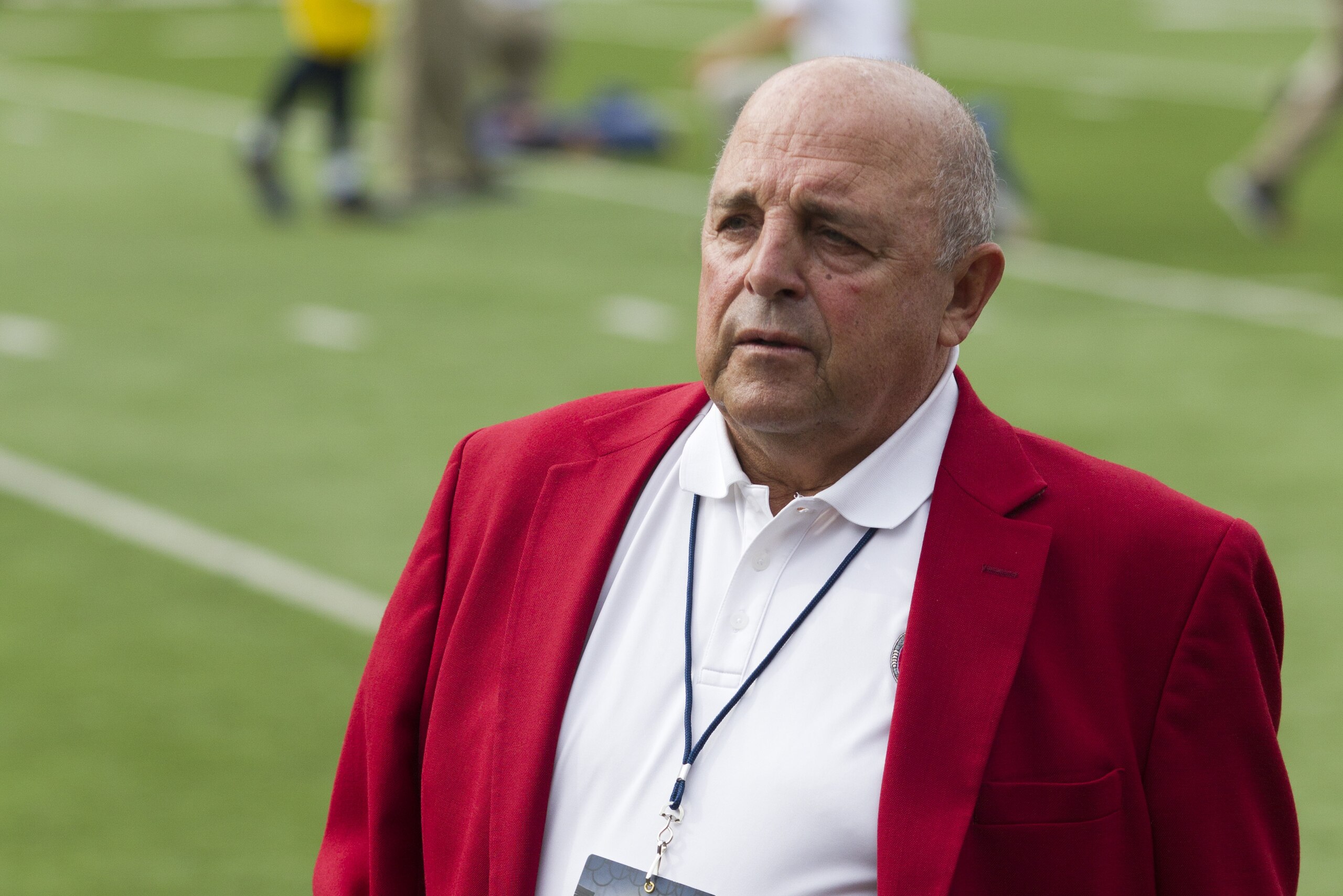 Wisconsin athletic director Barry Alvarez on the field before an NCAA college football game against Michigan at Michigan Stadium in Ann Arbor, Mich., Saturday, Oct. 1, 2016. (AP Photo/Tony Ding)