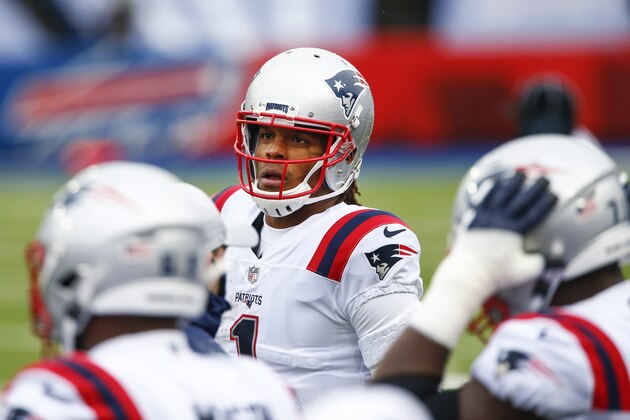 New England Patriots quarterback Cam Newton (1) walks the sidelines during the first half of an NFL football game against the Buffalo Bills Sunday, Nov. 1, 2020, in Orchard Park, N.Y. (AP Photo/John Munson)