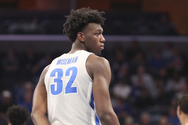 Memphis' James Wiseman (32) pauses between plays in an NCAA college basketball game against University of Illinois-Chicago Saturday, Nov. 9, 2019, in Memphis, Tenn. (AP Photo/Karen Pulfer Focht)