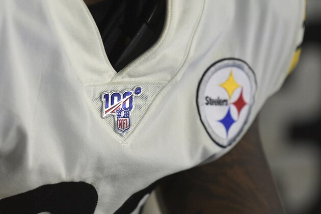 Pittsburgh Steelers free safety Minkah Fitzpatrick is seen the the NLF 100 logo during the second half of an NFL football game against the Los Angeles Chargers, Sunday, Oct. 13, 2019, in Carson, Calif. (AP Photo/Kyusung Gong)