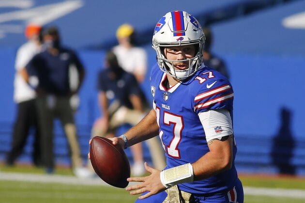 Buffalo Bills quarterback Josh Allen (17) runs with the ball during the first half of an NFL football game against the Seattle Seahawks Sunday, Nov. 8, 2020, in Orchard Park, N.Y. (AP Photo/Jeffrey T. Barnes)