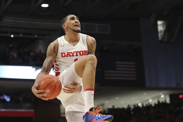 Dayton's Obi Toppin goes up to dunk during the second half of an NCAA college basketball game against George Washington, Saturday, March 7, 2020, in Dayton, Ohio. (AP Photo/Tony Tribble)