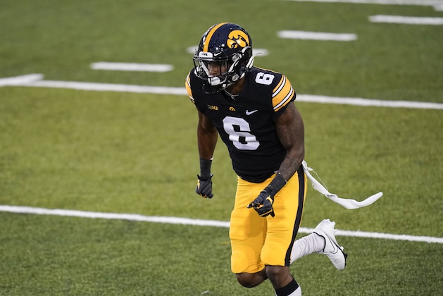 Iowa wide receiver Ihmir Smith-Marsette runs up field during the second half of an NCAA college football game against Northwestern, Saturday, Oct. 31, 2020, in Iowa City, Iowa. (AP Photo/Charlie Neibergall)