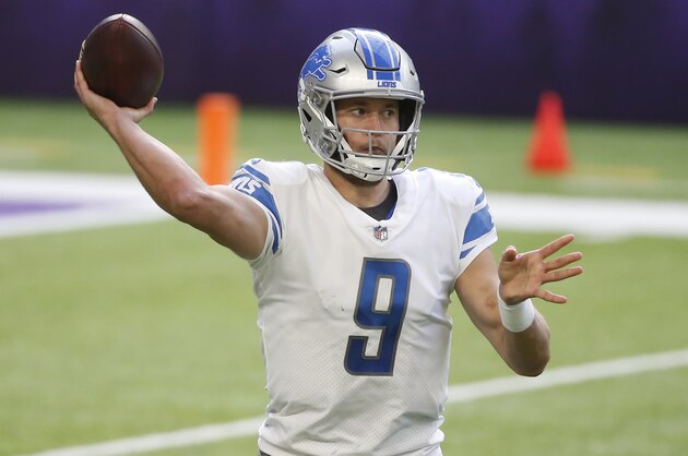 Detroit Lions quarterback Matthew Stafford throws a pass during the second half of an NFL football game against the Minnesota Vikings, Sunday, Nov. 8, 2020, in Minneapolis. (AP Photo/Bruce Kluckhohn)
