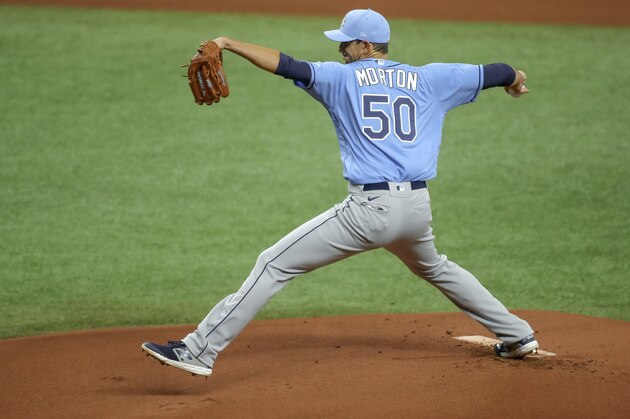 FILE - In this Wednesday, July 8, 2020, file photo, Tampa Bay Rays' Charlie Morton throws during baseball practice in St. Petersburg, Fla. (AP Photo/Mike Carlson, File)