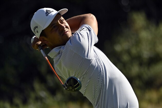 Xander Schauffele tees off during the final round of the CJ Cup golf tournament at Shadow Creek Golf Course, Sunday, Oct. 18, 2020, in North Las Vegas. (AP Photo/David Becker)
