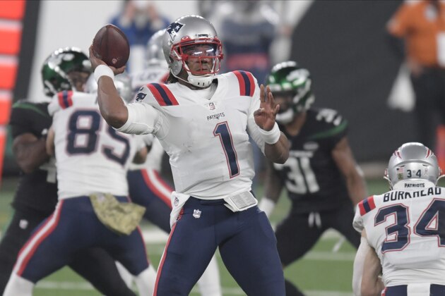 New England Patriots quarterback Cam Newton throws during the first half of an NFL football game against the New York Jets, Monday, Nov. 9, 2020, in East Rutherford, N.J. (AP Photo/Bill Kostroun)