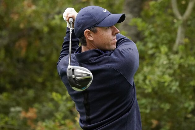 Rory McIlroy hits from the 11th tee during the second round of the Zozo Championship golf tournament Friday, Oct. 23, 2020, in Thousand Oaks, Calif. (AP Photo/Marcio Jose Sanchez)