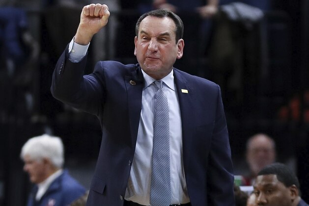 Duke head coach Mike Krzyzewski calls a play during an NCAA college basketball game against Virginia  Saturday, Feb. 29, 2020, in Charlottesville, Va. (AP Photo/Andrew Shurtleff)