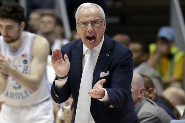 North Carolina head coach Roy Williams cheers on his team against Wake Forest during the second half of an NCAA college basketball game in Chapel Hill, N.C., Tuesday, March 3, 2020. (AP Photo/Chris Seward)