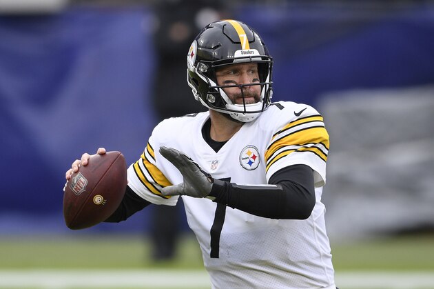 Pittsburgh Steelers quarterback Ben Roethlisberger (7) in action during the first half of an NFL football game against the Baltimore Ravens, Sunday, Nov. 1, 2020, in Baltimore. (AP Photo/Nick Wass)