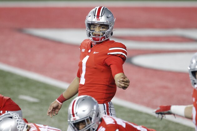 Ohio State quarterback Justin Fields plays against Rutgers during an NCAA college football game Saturday, Nov. 7, 2020, in Columbus, Ohio. (AP Photo/Jay LaPrete)