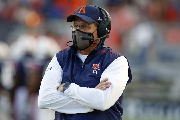 Auburn head coach Gus Malzahn watches during the second half of an NCAA college football game against LSU on Saturday, Oct. 31, 2020, in Auburn, Ala. (AP Photo/Butch Dill)
