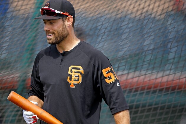 San Francisco Giants' Mac Williamson smiles as he exits the batting cage prior to a spring training baseball game against the Los Angeles Angels, Wednesday, March 15, 2017, in Scottsdale, Ariz. (AP Photo/Ross D. Franklin)