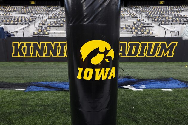 The Iowa Hawkeye Tiger Hawk logo is seen on a goalpost pad before an NCAA college football game between Iowa and Miami of Ohio, Saturday, Aug. 31, 2019, in Iowa City, Iowa. (AP Photo/Charlie Neibergall)