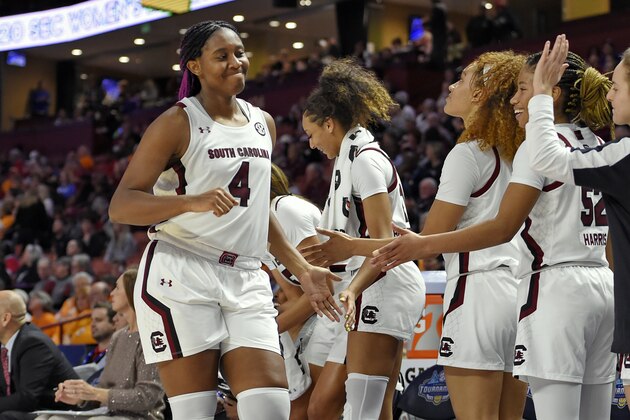 South Carolina's Aliyah Boston (4) returns to the bench during the second half of a quarterfinal match against Georgia at the Southeastern women's NCAA college basketball tournament in Greenville, S.C., Friday, March 6, 2020. (AP Photo/Richard Shiro)