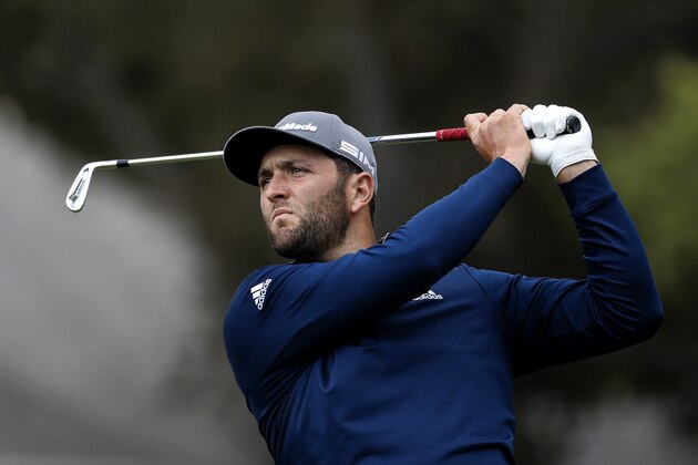 FILE - In this Oct. 25, 2020, file photo, Jon Rahm of Spain, watches his shot on the fourth tee during the final round of the Zozo Championship golf tournament in Thousand Oaks, Calif. The Masters is scheduled for Nov. 12-15 at Augusta National in Augusta, Ga.(AP Photo/Ringo H.W. Chiu, File)