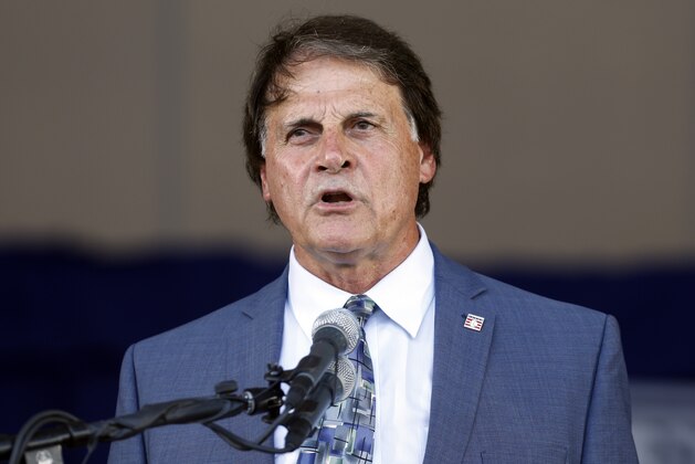 National Baseball Hall of Fame inductee Tony La Russa speaks during an induction ceremony at the Clark Sports Center on Sunday, July 27, 2014, in Cooperstown, N.Y. (AP Photo/Mike Groll)