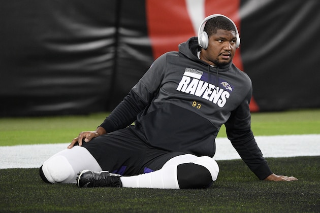 Baltimore Ravens defensive end Calais Campbell (93) warms up before an NFL football game against the Kansas City Chiefs, Monday, Sept. 28, 2020, in Baltimore. (AP Photo/Nick Wass)