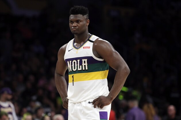 New Orleans Pelicans' Zion Williamson (1) during the second half of an NBA basketball game against the Los Angeles Lakers Tuesday, Feb. 25, 2020, in Los Angeles. (AP Photo/Marcio Jose Sanchez)