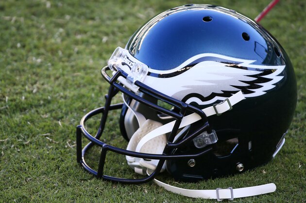 A Philadelphia Eagles hemet lies on the turf during the fourth quarter of an NFL football game between the Philadelphia Eagles and the Los Angeles Rams Sunday, Sept. 20, 2020, in Philadelphia. (AP Photo/Corey Perrine)