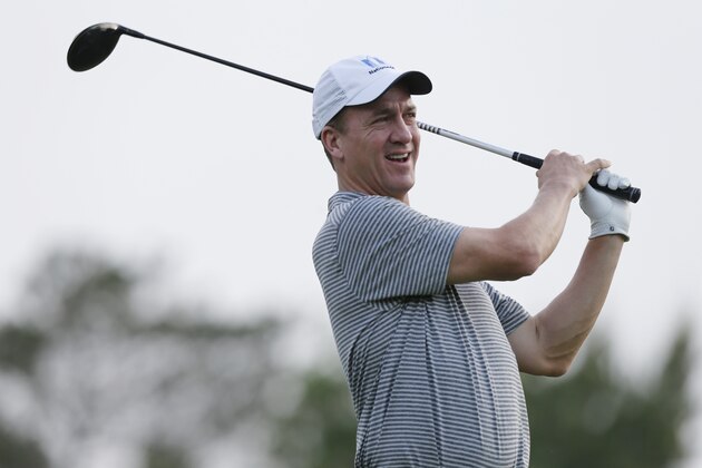Former NFL player Peyton Manning plays in the pro-am round of the Memorial golf tournament Wednesday, May 29, 2019, in Dublin, Ohio. (Jay LaPrete/AP Images for NFL)