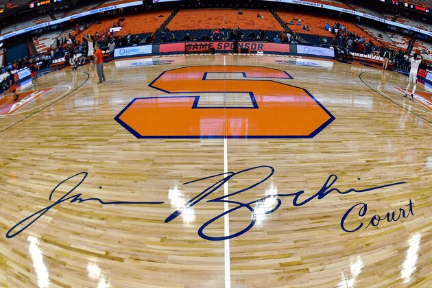 Jim Boeheim Court at the Carrier Dome seen before an NCAA college basketball game between Syracuse and North Carolina in Syracuse, N.Y., Saturday, Feb. 29, 2020. (AP Photo/Adrian Kraus)
