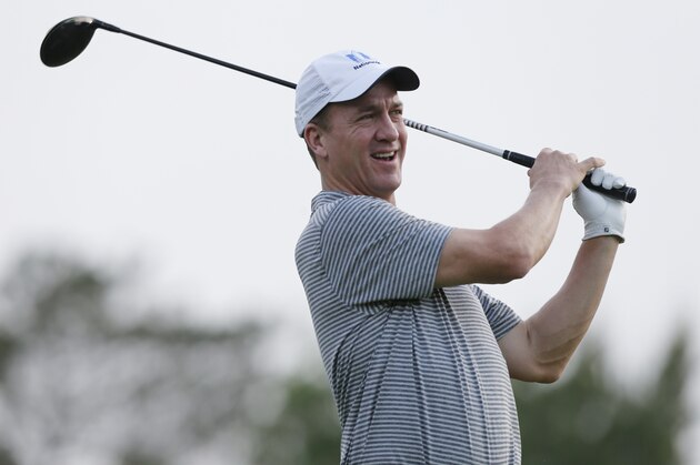 Former NFL player Peyton Manning plays in the pro-am round of the Memorial golf tournament Wednesday, May 29, 2019, in Dublin, Ohio. (Jay LaPrete/AP Images for NFL)