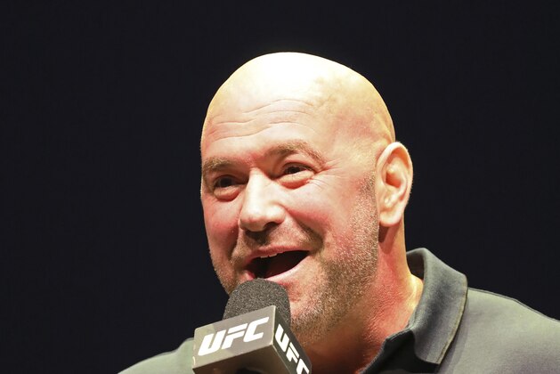 Dana White speaks at a news conference for the UFC 244 mixed martial arts event, Thursday, Sept. 19, 2019, in New York. Jorge Masvidal is scheduled to fight Nate Diaz Saturday, November 2 at Madison Square Garden. (AP Photo/Gregory Payan)