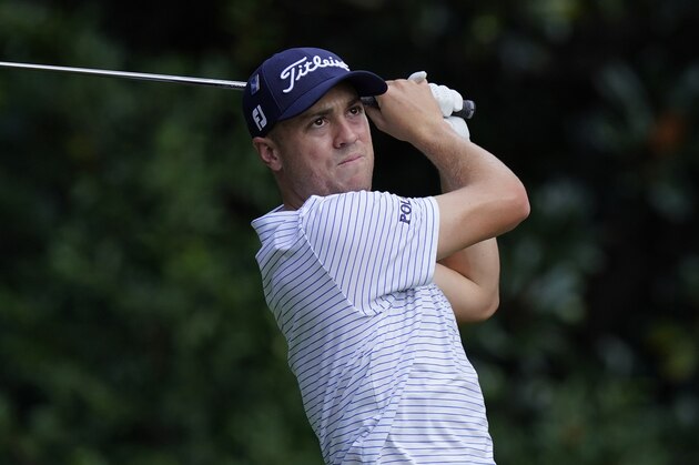 Justin Thomas on the 11th tee during a practice round for the Masters golf tournament Monday, Nov. 9, 2020, in Augusta, Ga. (AP Photo/David J. Phillip)