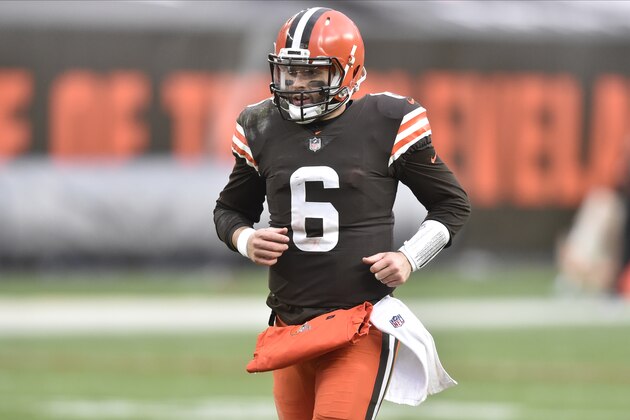 Cleveland Browns quarterback Baker Mayfield (6) reacts during an NFL football game against the Las Vegas Raiders, Sunday, Nov. 1, 2020, in Cleveland. The Raiders won 16-6. (AP Photo/David Richard) Cleveland Browns quarterback Baker Mayfield (6) reacts during an NFL football game against the Las Vegas Raiders, Sunday, Nov. 1, 2020, in Cleveland. The Raiders won 16-6. (AP Photo/David Richard)