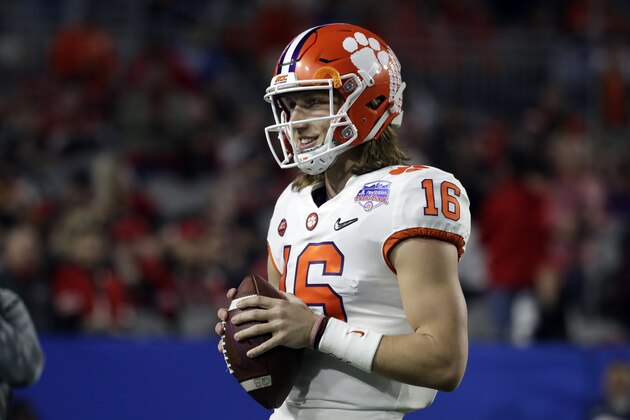 Clemson quarterback Trevor Lawrence (16) during the first half of the Fiesta Bowl NCAA college football game against Ohio State, Saturday, Dec. 28, 2019, in Glendale, Ariz. (AP Photo/Rick Scuteri).