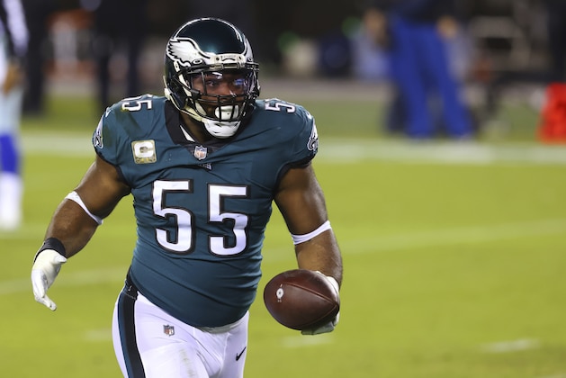 Philadelphia Eagles' Brandon Graham (55) reacts after sacking Dallas Cowboys Ben DiNucci (7) and recovering the fumble during the first quarter of an NFL football game, Sunday, Nov. 1, 2020, in Philadelphia. The Eagles defeated the Cowboys 23-9. (AP Photo/Rich Schultz) Philadelphia Eagles' Brandon Graham (55) reacts after sacking Dallas Cowboys Ben DiNucci (7) and recovering the fumble during the first quarter of an NFL football game, Sunday, Nov. 1, 2020, in Philadelphia. The Eagles defeated the Cowboys 23-9. (AP Photo/Rich Schultz)
