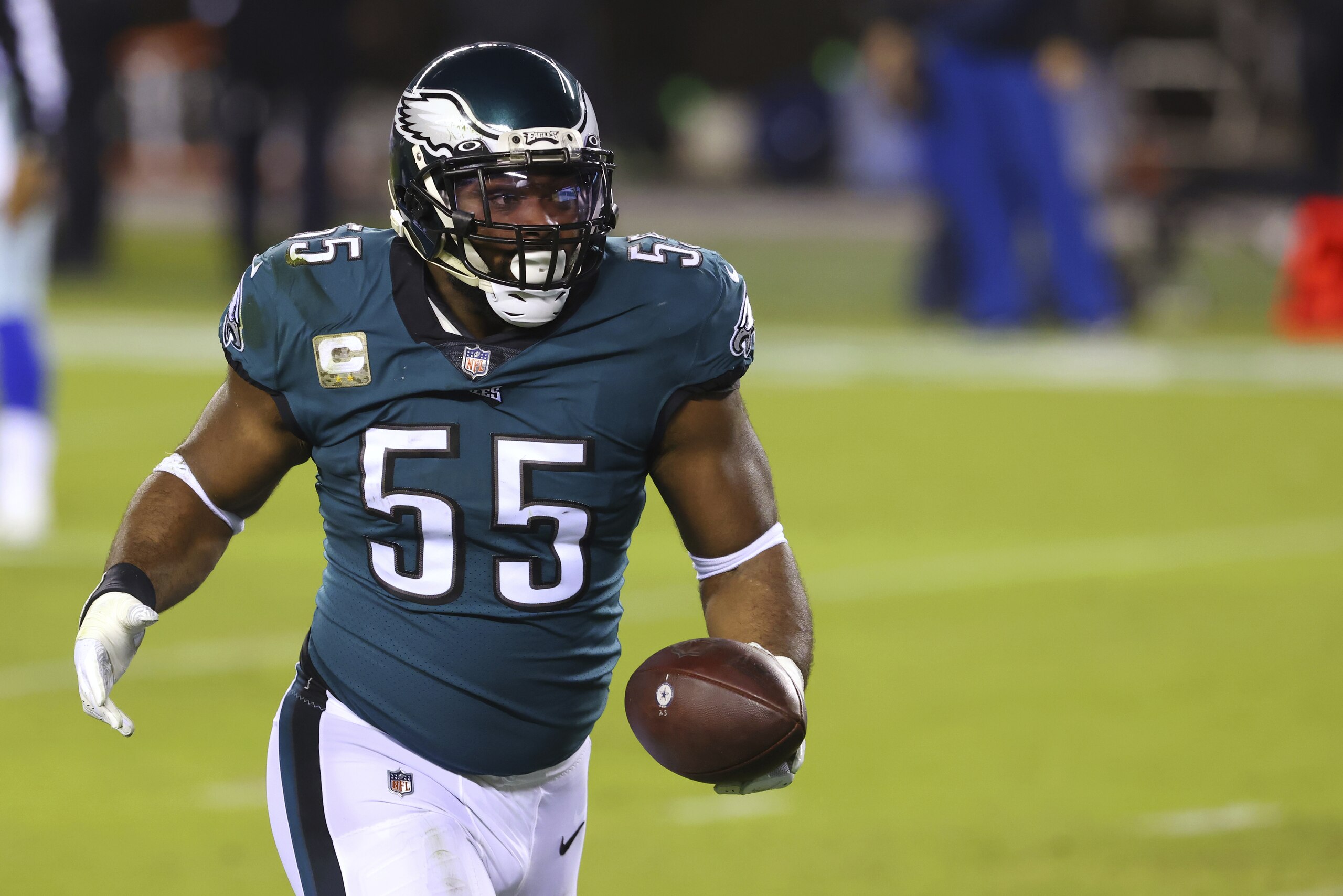Philadelphia Eagles' Brandon Graham (55) reacts after sacking Dallas Cowboys Ben DiNucci (7) and recovering the fumble during the first quarter of an NFL football game, Sunday, Nov. 1, 2020, in Philadelphia. The Eagles defeated the Cowboys 23-9. (AP Photo/Rich Schultz)